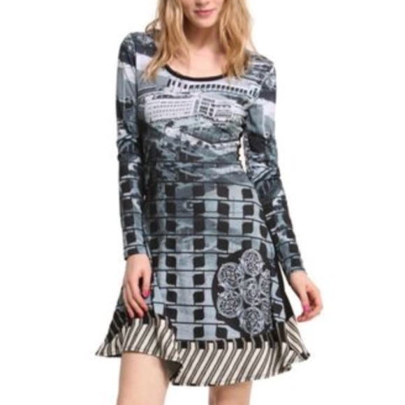 Desigual Dresses & Skirts - Desigual by Christian Lacroix long sleeve dress with gray/black print